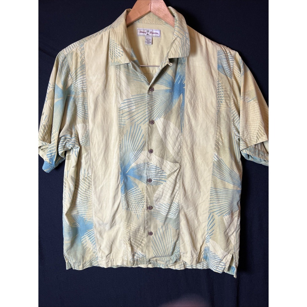 Tommy Bahama Light Green 100% Silk Hawaiian Camp Shirt Palms Men's Large
